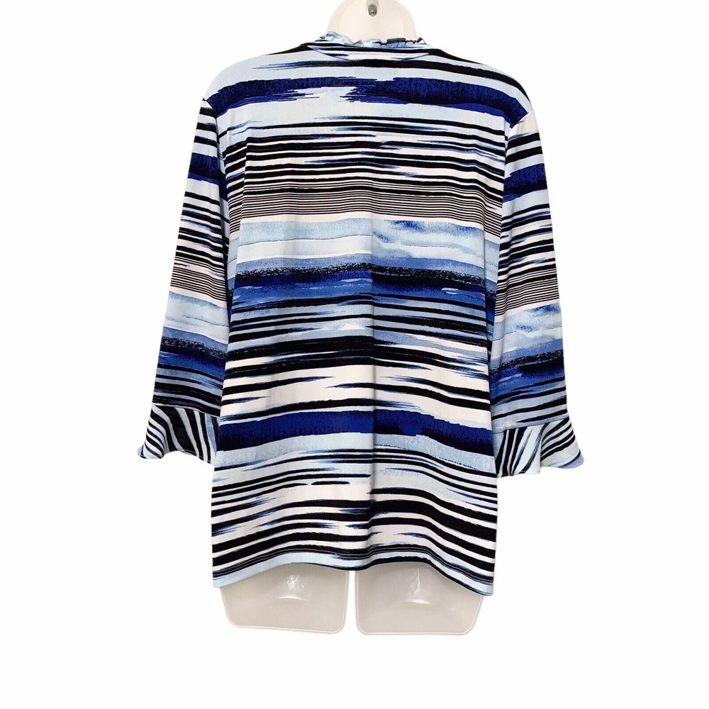 Karl Lagerfeld Womens L Blue Stripe Ruffle Collar 3/4 Sleeve Jersey Top Blouse - Picture 5 of 11